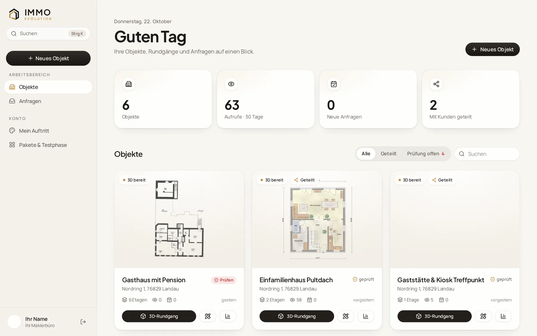 Dashboard von ImmoEvolution mit Objekten, Kennzahlen und Filter