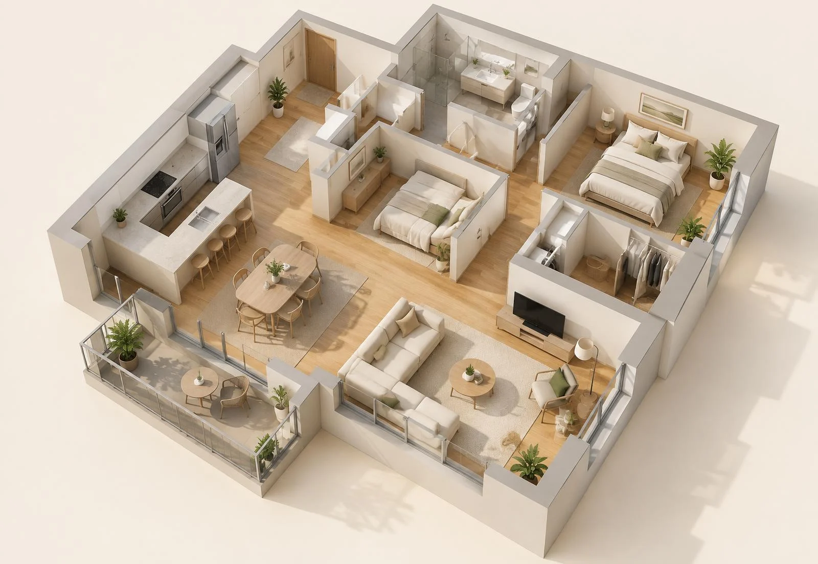Eingerichtete Wohnung als 3D-Puppenhaus von oben